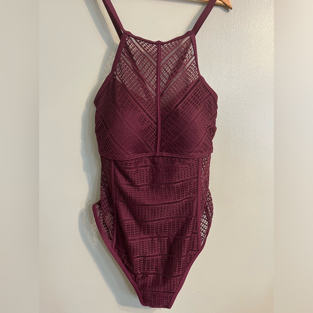 Swimsuits For All Womens Burgundy Lace Swimsuit 1Piece Size 16 New